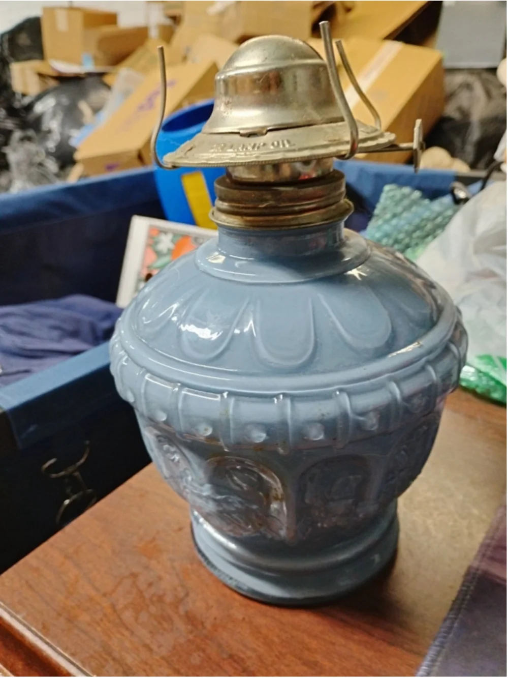 VTG 1988 Kaadan LTD Embossed Rose Bud Pale Blue Glass Paraffin/ Oil Lamp Base